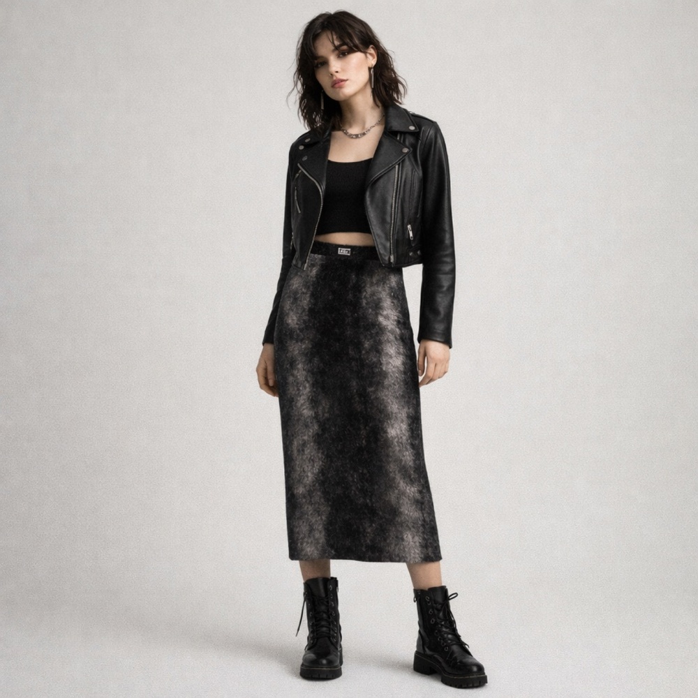 DUY Midi Skirt Insane Fur print Wolverine Costume Back slit Monwife Black Grey M